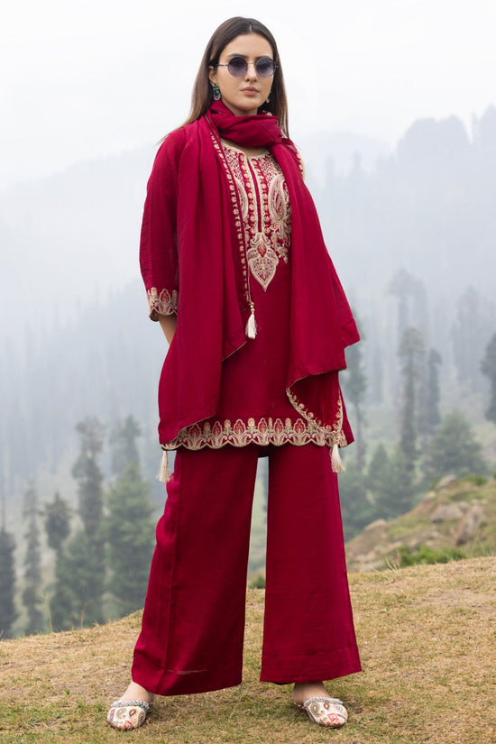 Maroon A-line Embroidered Kurta 3 Pcs Set
