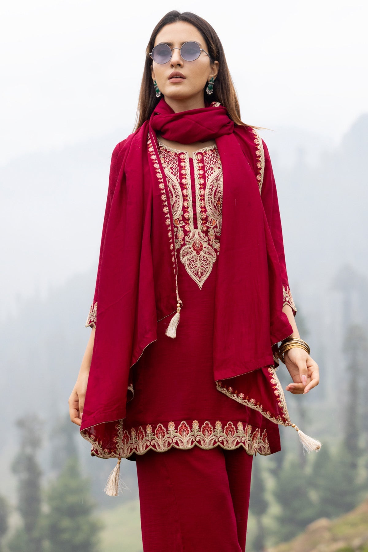 Maroon A-line Embroidered Kurta 3 Pcs Set