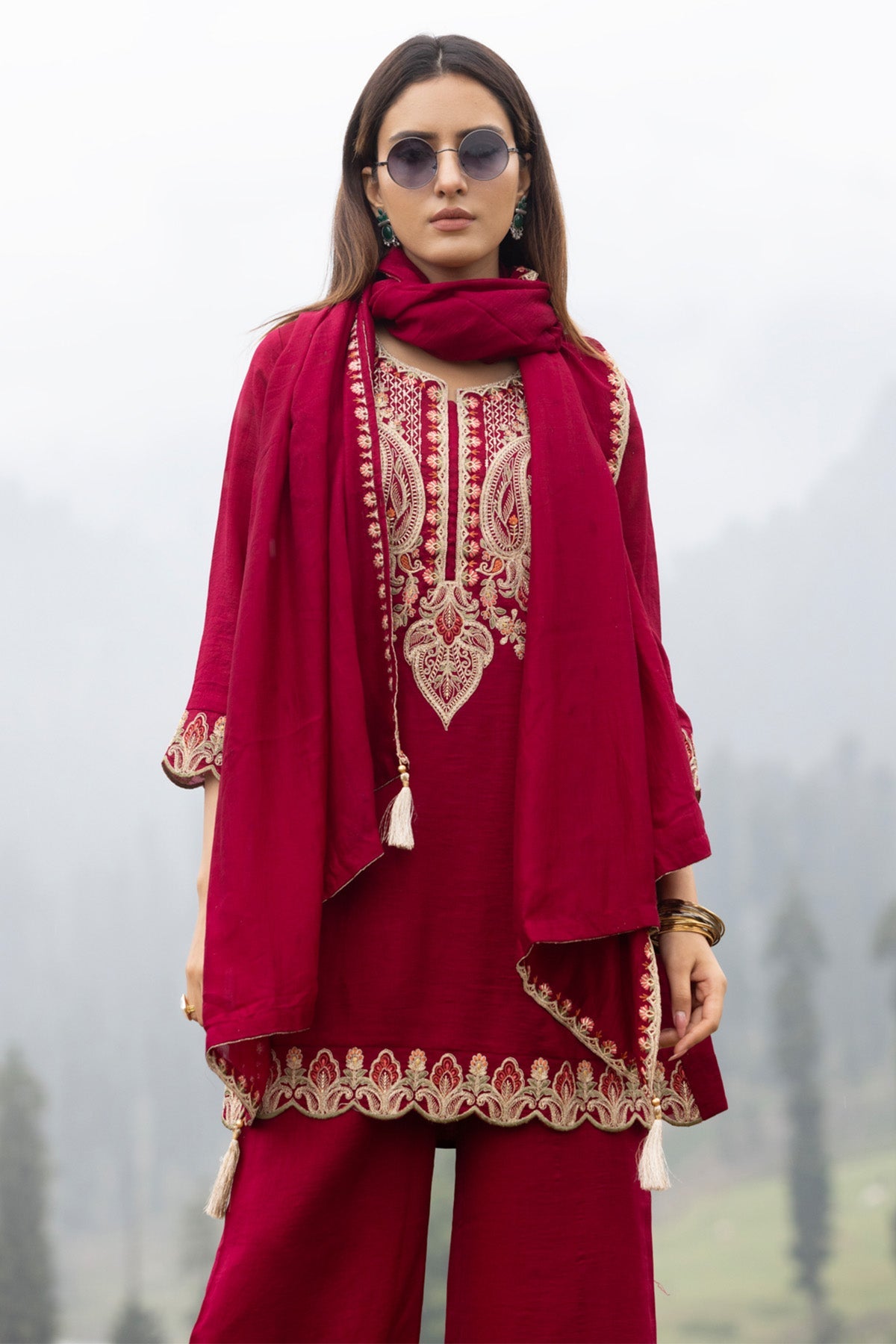 Maroon A-line Embroidered Kurta 3 Pcs Set