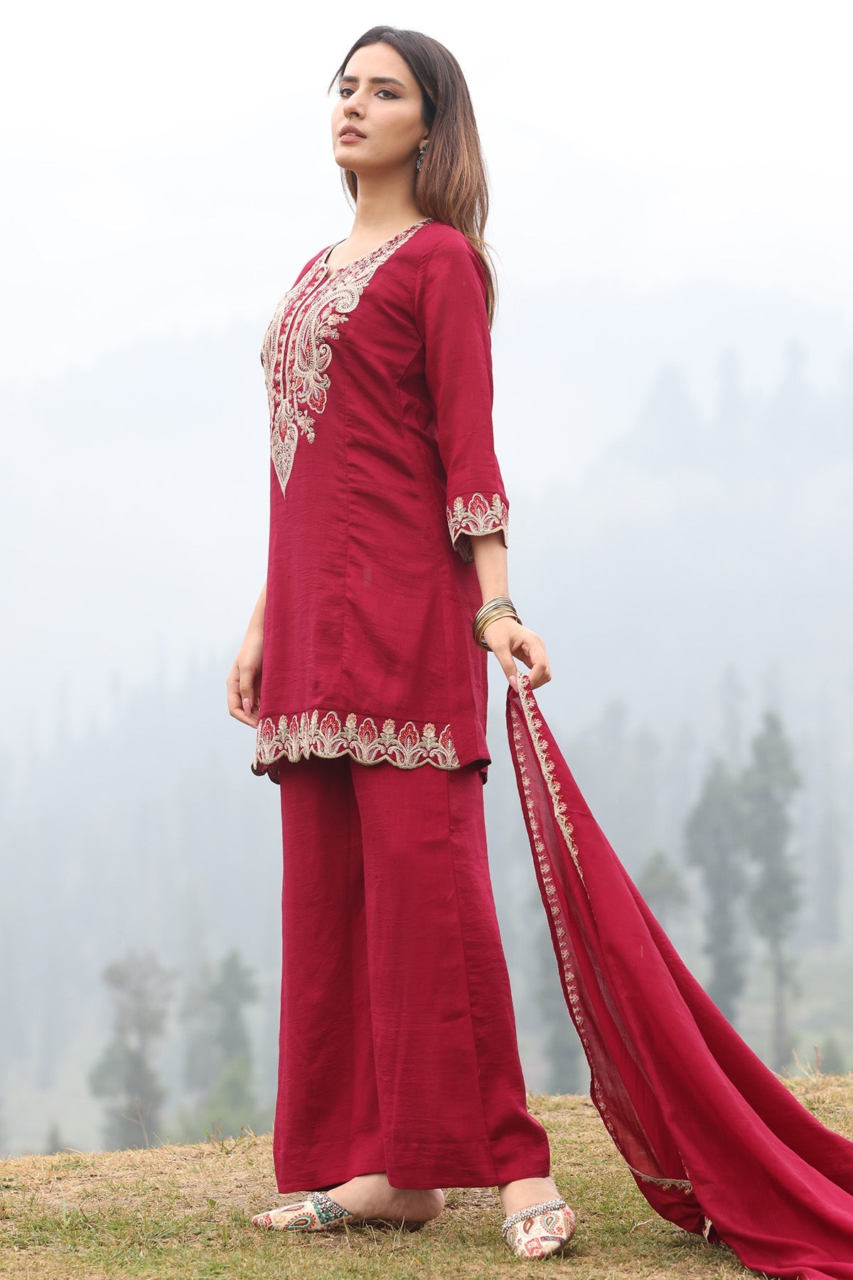Maroon A-line Embroidered Kurta 3 Pcs Set