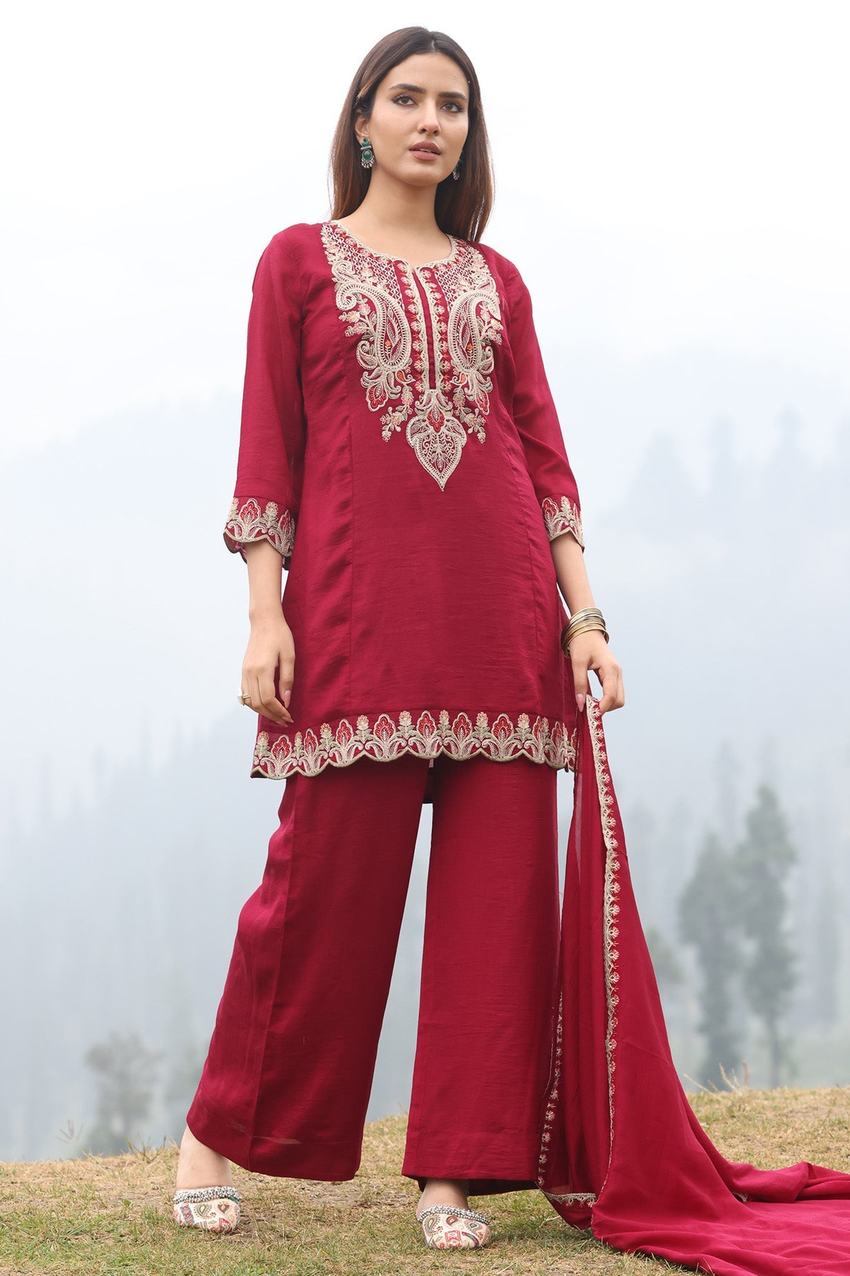 Maroon A-line Embroidered Kurta 3 Pcs Set