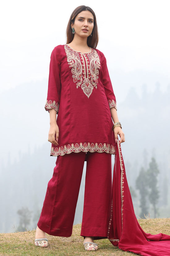 Maroon A-line Embroidered Kurta 3 Pcs Set