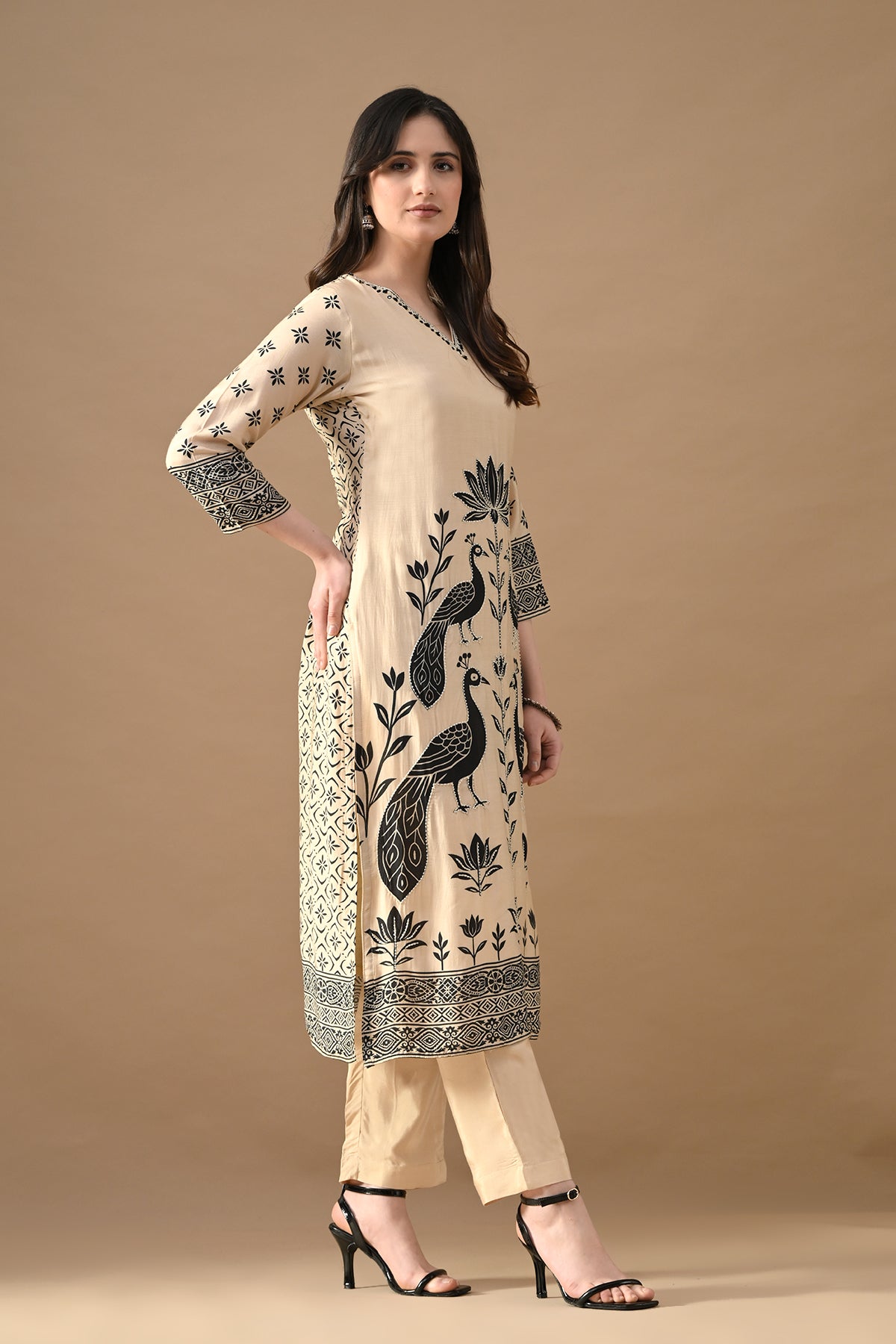 Beige Stone Embellished Kurta 3 Pcs Set