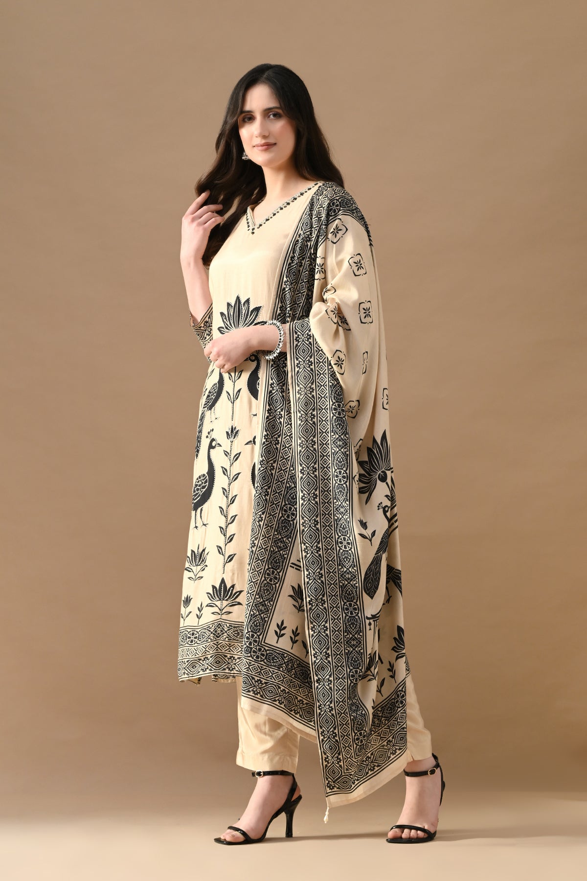 Beige Stone Embellished Kurta 3 Pcs Set