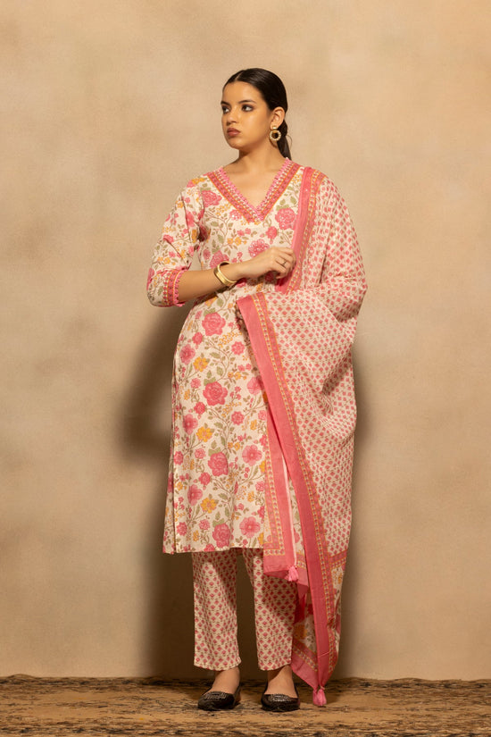 Cream Floral Printed Kurta 3 Pcs Set