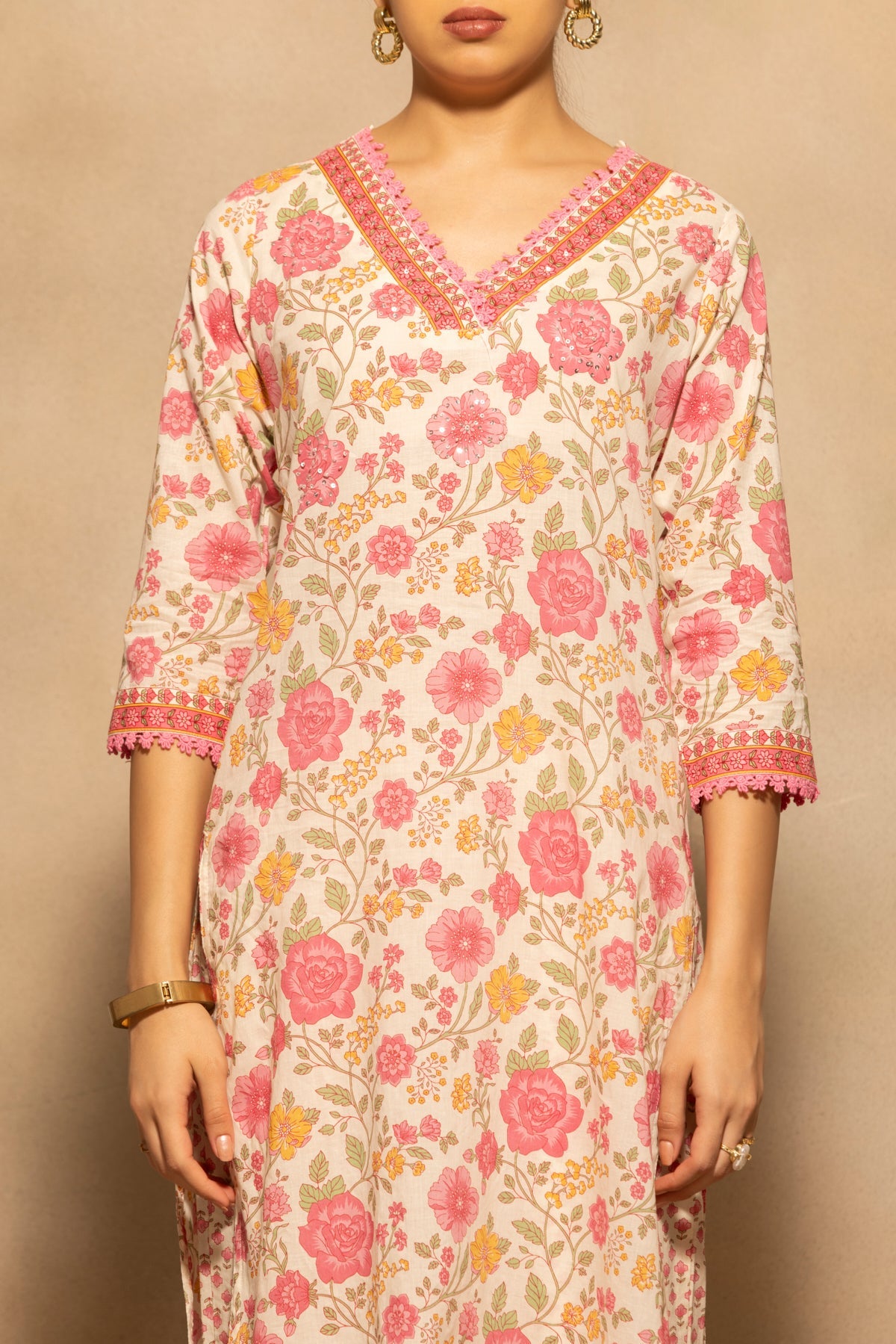 Cream Floral Printed Kurta 3 Pcs Set