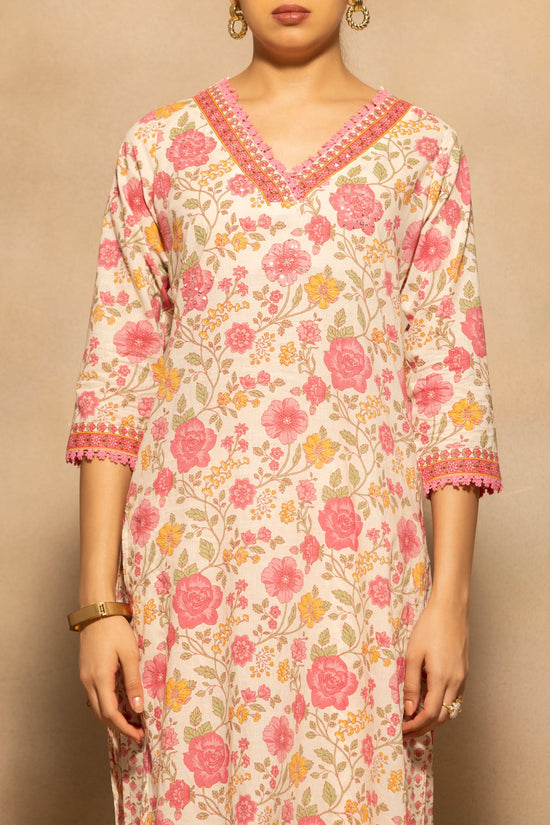 Cream Floral Printed Kurta 3 Pcs Set