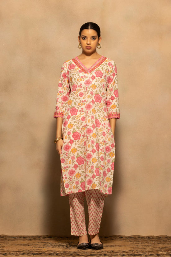 Cream Floral Printed Kurta 3 Pcs Set