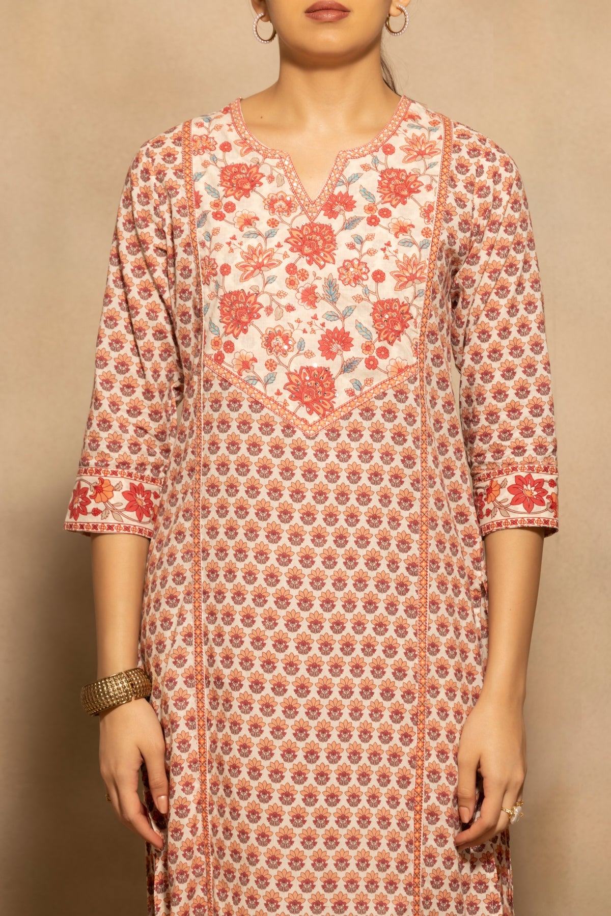 Cream Floral Printed Kurta 3 Pcs Set