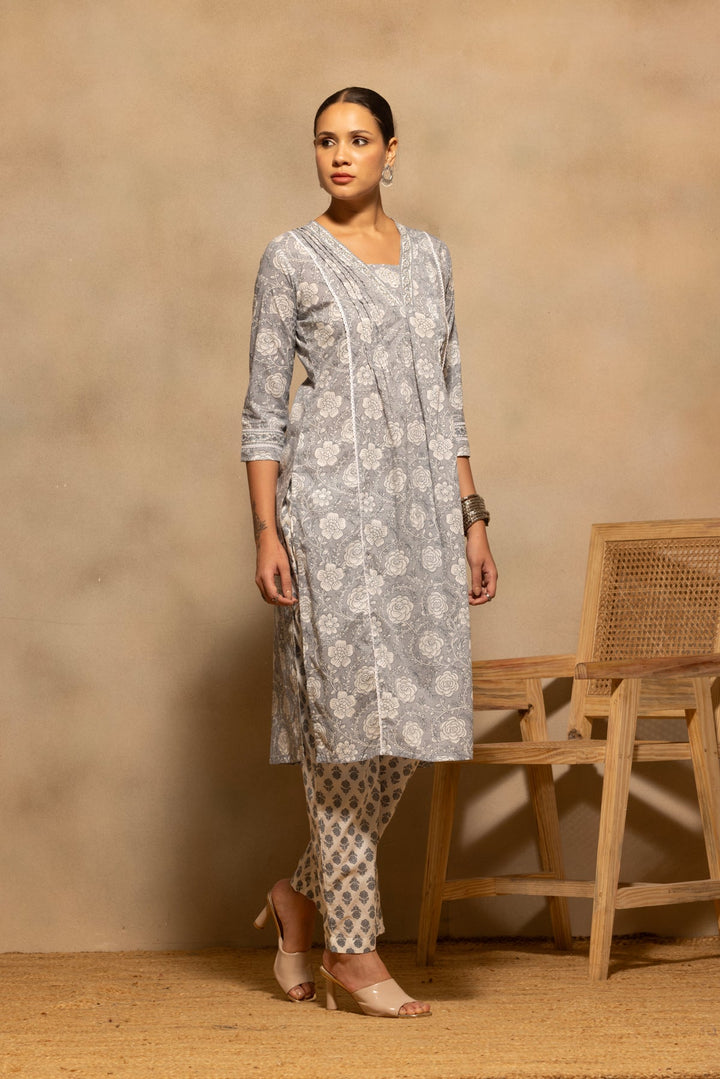 Grey Floral Printed A-line Kurta 3 Pcs Set