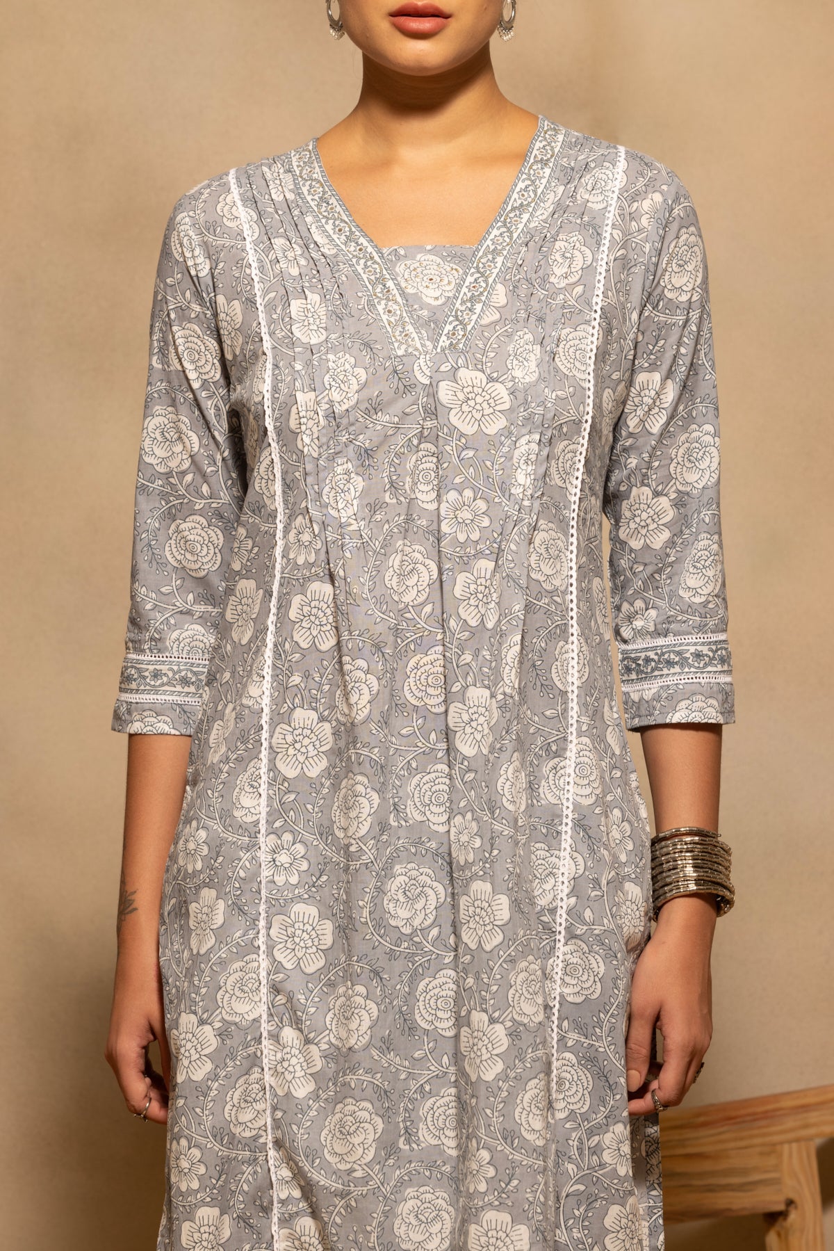 Grey Floral Printed A-line Kurta 3 Pcs Set