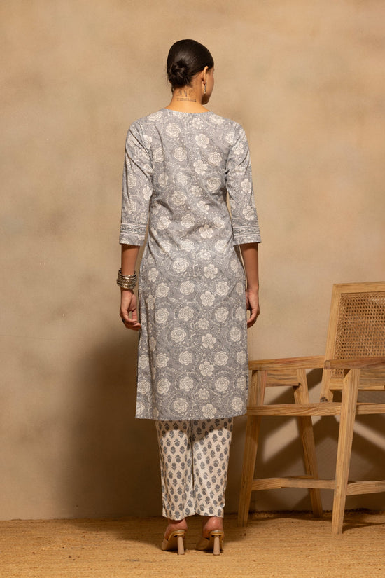 Grey Floral Printed A-line Kurta 3 Pcs Set