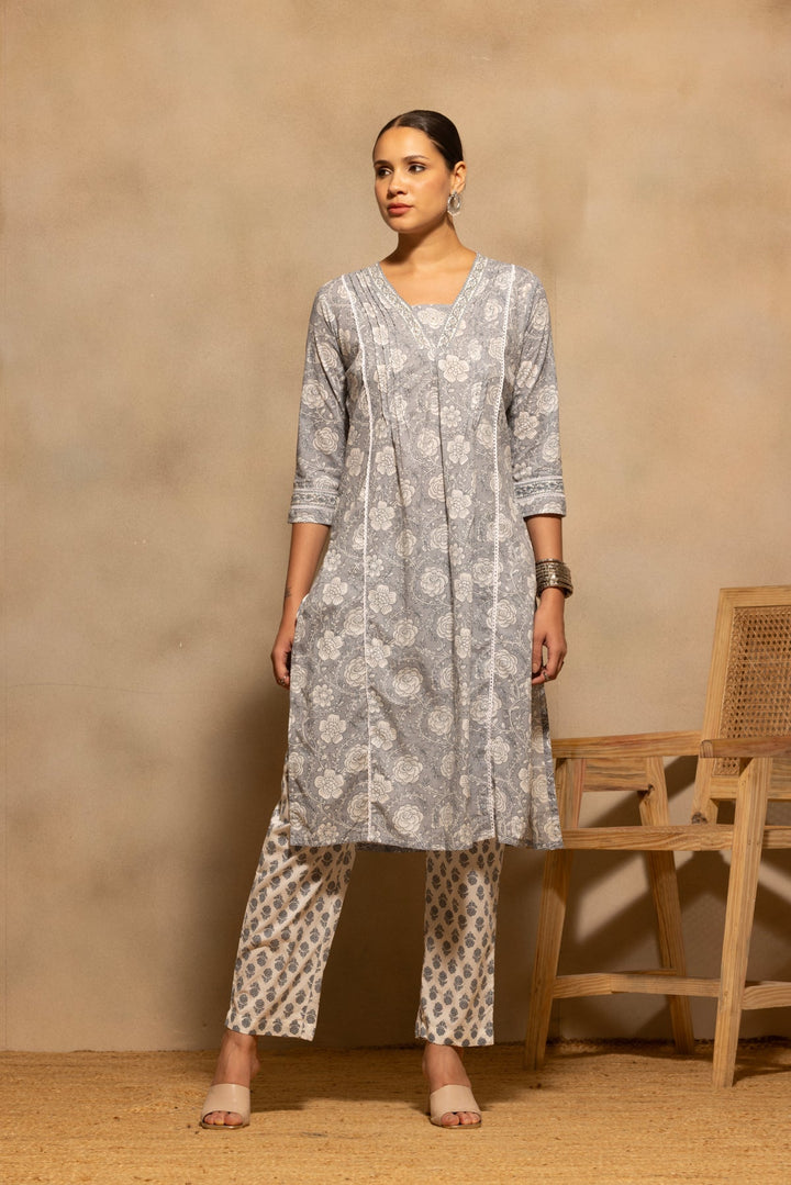 Grey Floral Printed A-line Kurta 3 Pcs Set