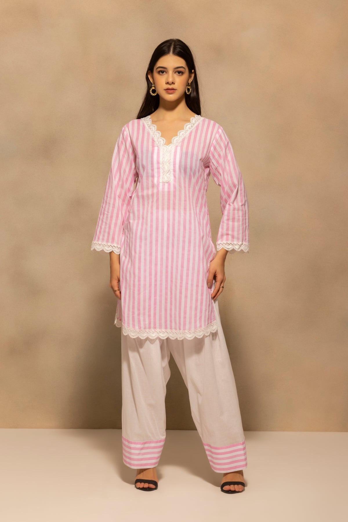 Pink Striped Printed Kurta 2 Pcs Set