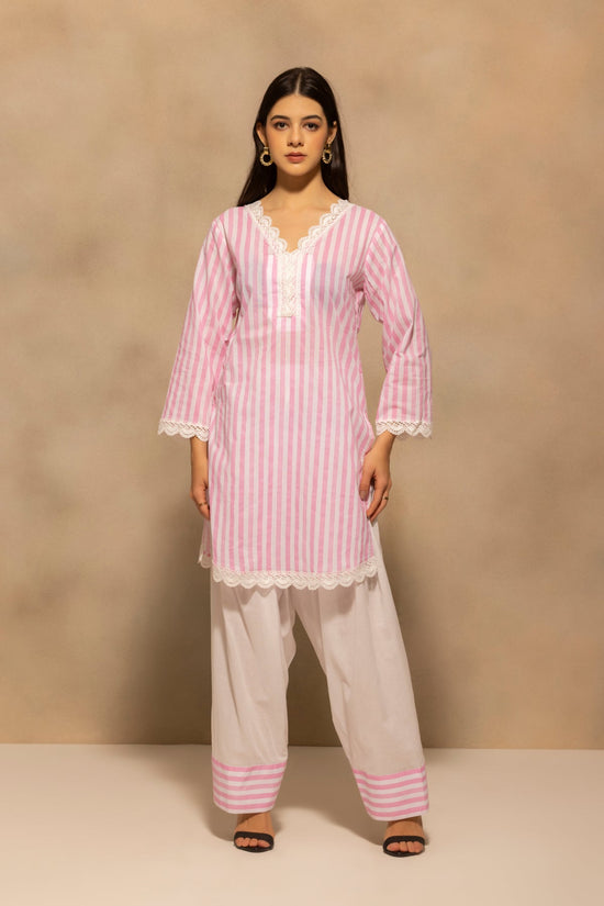 Pink Striped Printed Kurta 2 Pcs Set