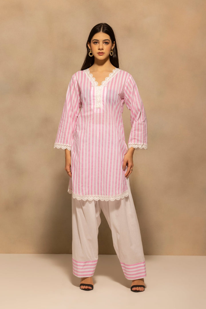 Pink Striped Printed Kurta 2 Pcs Set