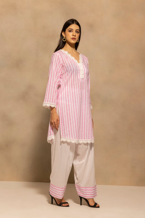 Pink Striped Printed Kurta 2 Pcs Set