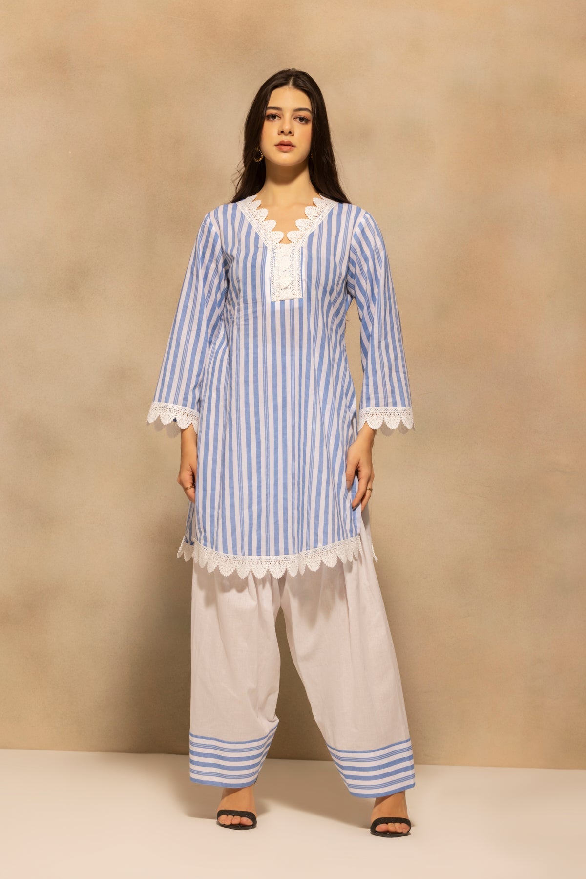 Blue Striped Printed Kurta 2 Pcs Set