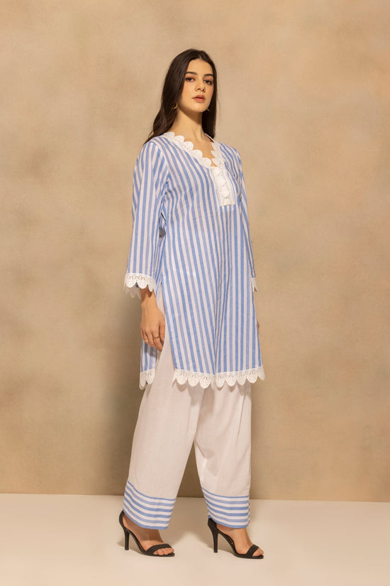 Blue Striped Printed Kurta 2 Pcs Set