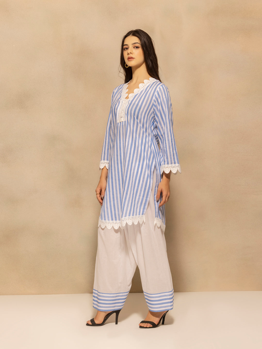 Blue Striped Printed Kurta 2 Pcs Set