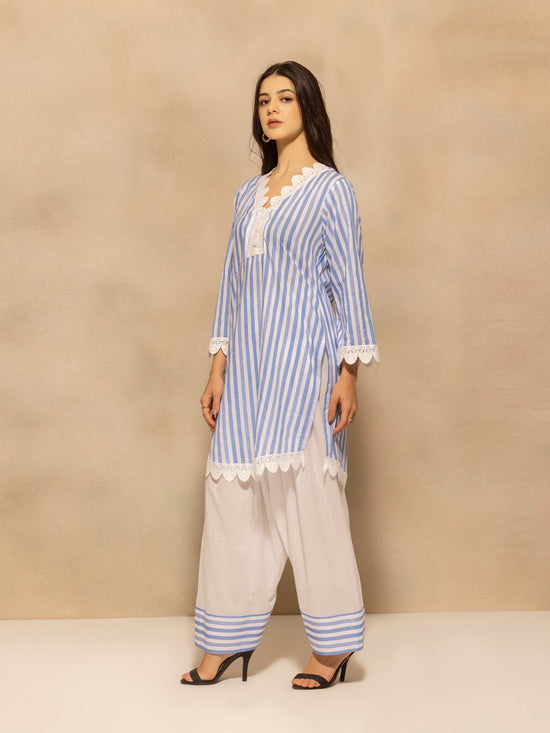 Blue Striped Printed Kurta 2 Pcs Set