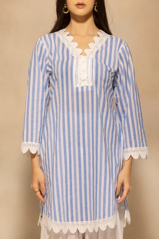 Blue Striped Printed Kurta 2 Pcs Set