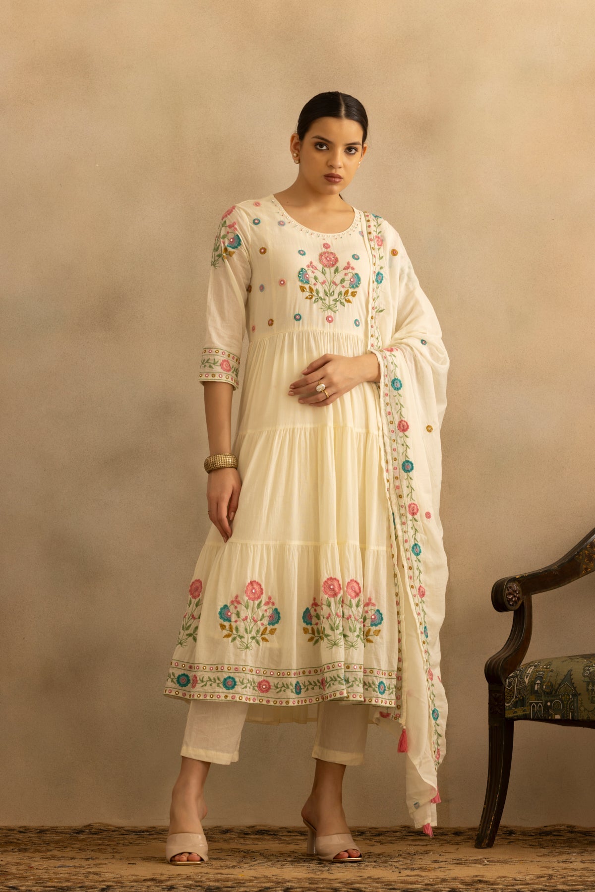 Cream Flared Embroidered Kurta 3 Pcs Set