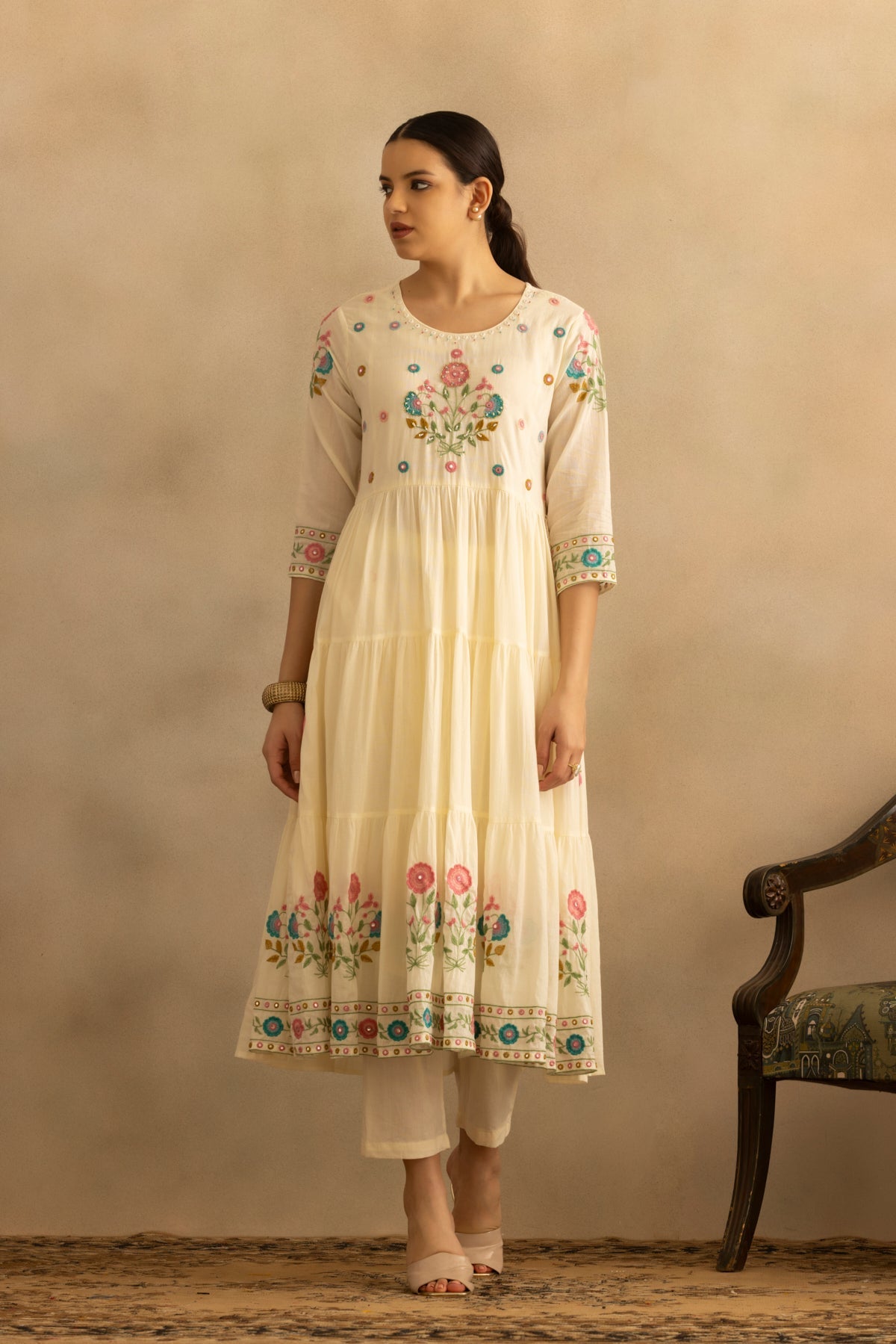 Cream Flared Embroidered Kurta 3 Pcs Set
