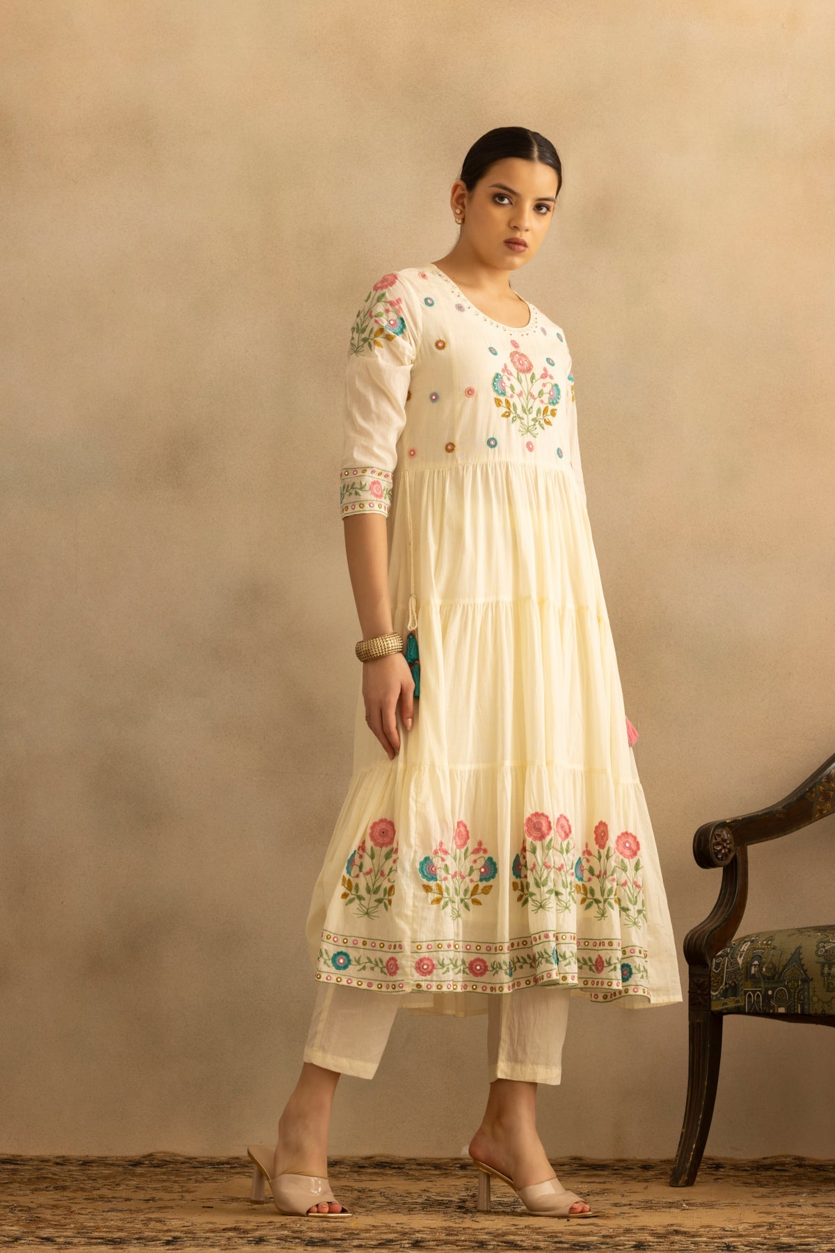 Cream Flared Embroidered Kurta 3 Pcs Set