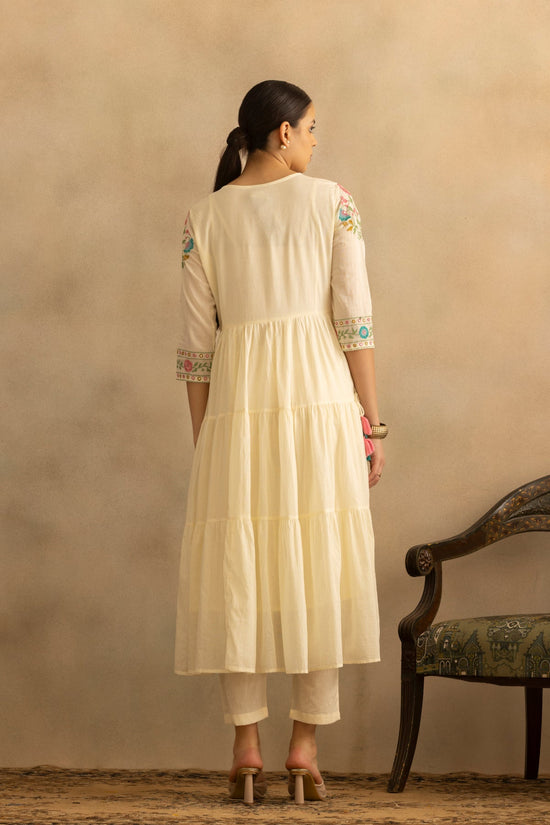 Cream Flared Embroidered Kurta 3 Pcs Set
