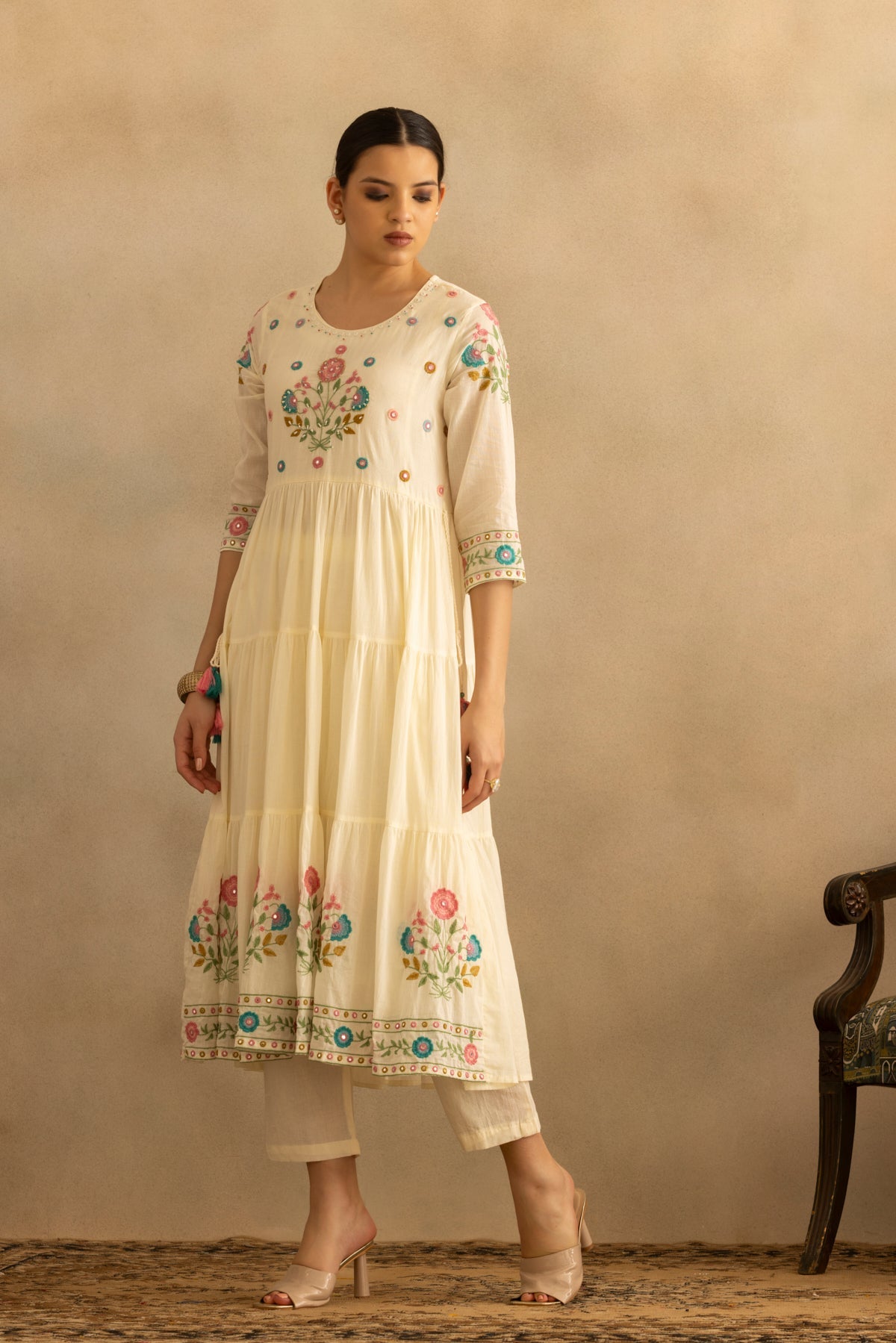 Cream Flared Embroidered Kurta 3 Pcs Set
