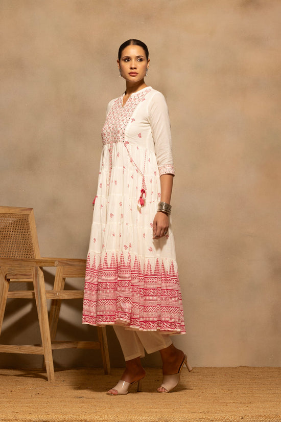 Cream Embellished Flared Kurta 3 Pcs Set