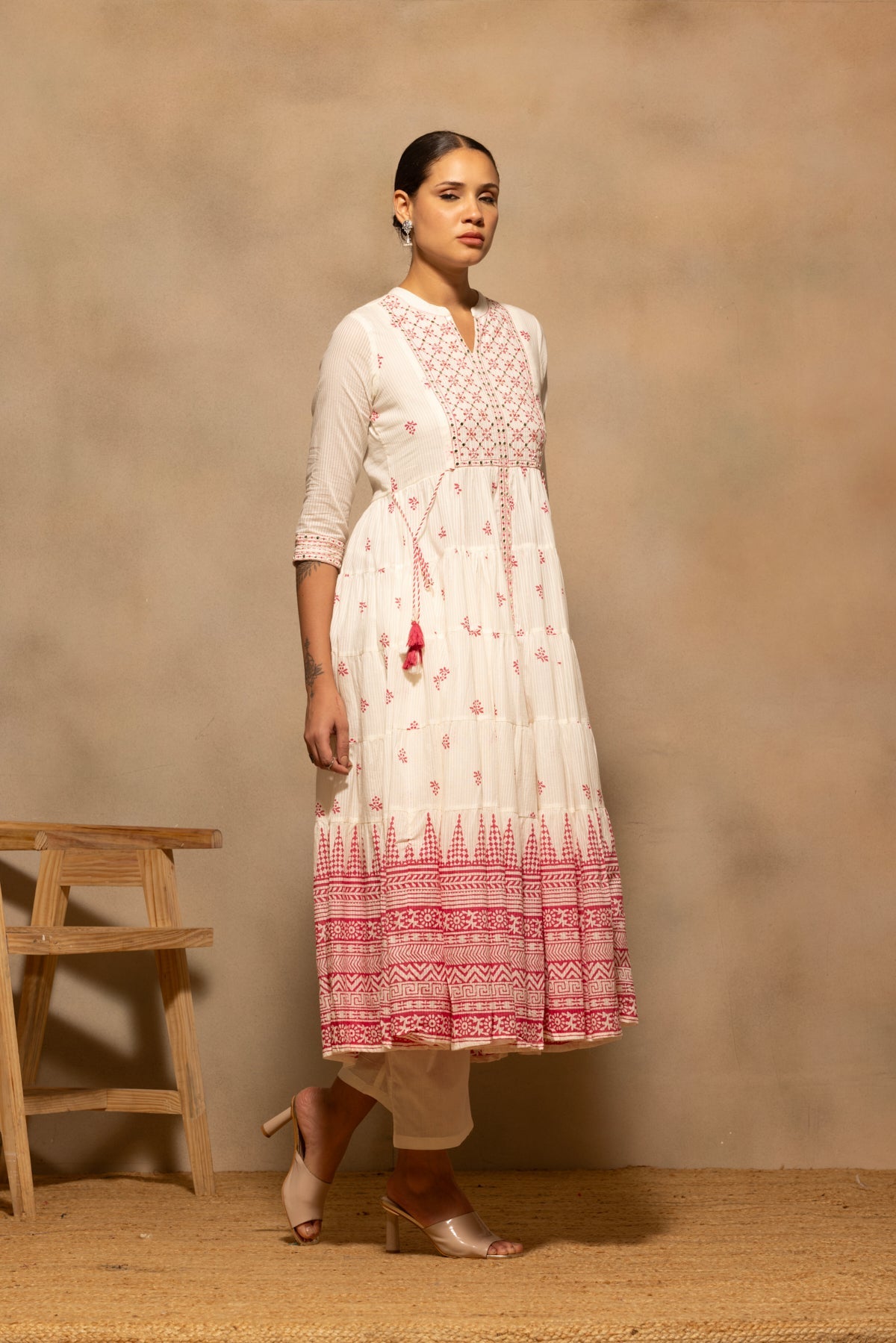 Cream Embellished Flared Kurta 3 Pcs Set