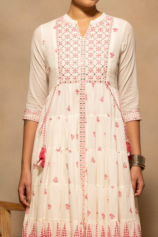 Cream Embellished Flared Kurta 3 Pcs Set