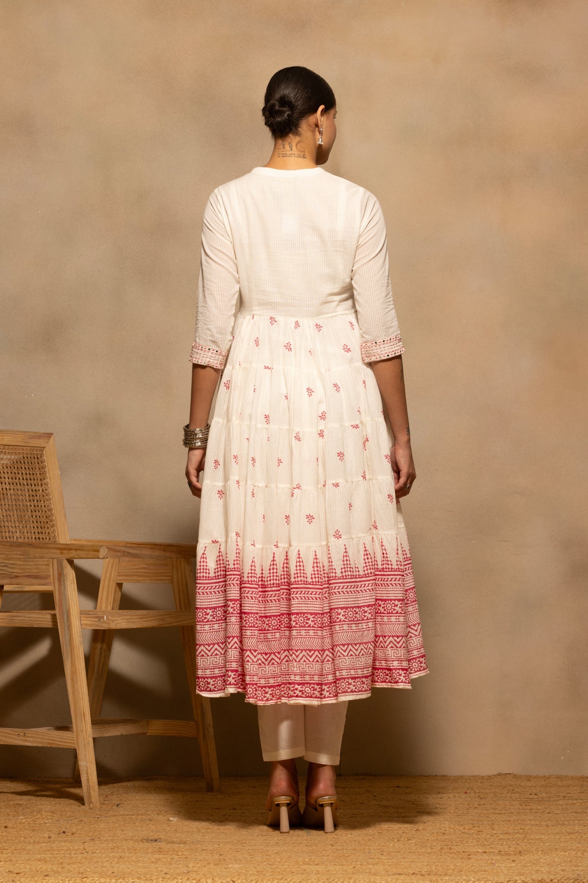 Cream Embellished Flared Kurta 3 Pcs Set
