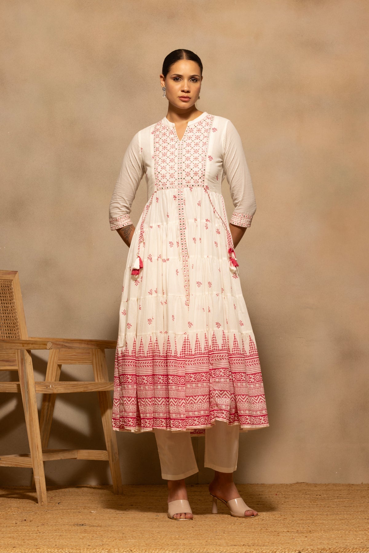 Cream Embellished Flared Kurta 3 Pcs Set