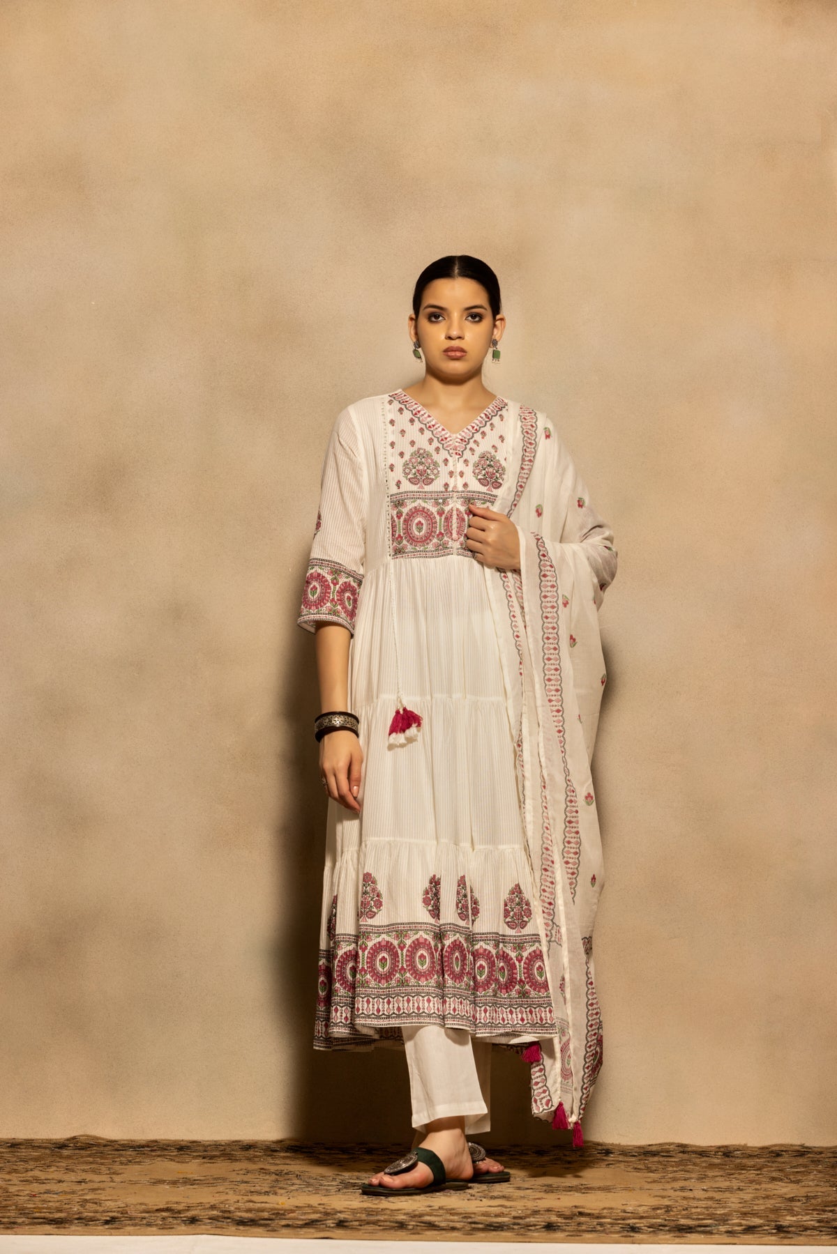 Cream Printed Flared Kurta 3 Pcs Set