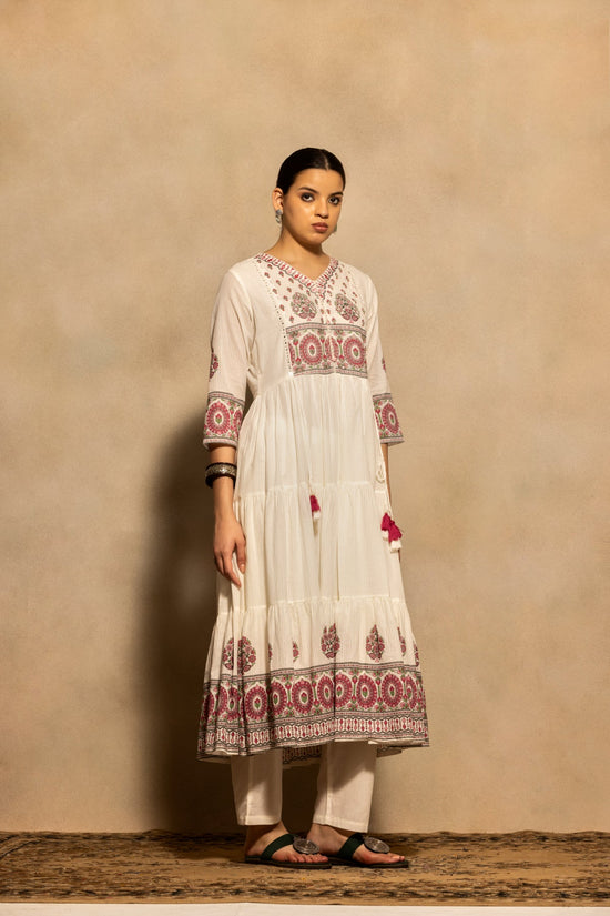 Cream Printed Flared Kurta 3 Pcs Set