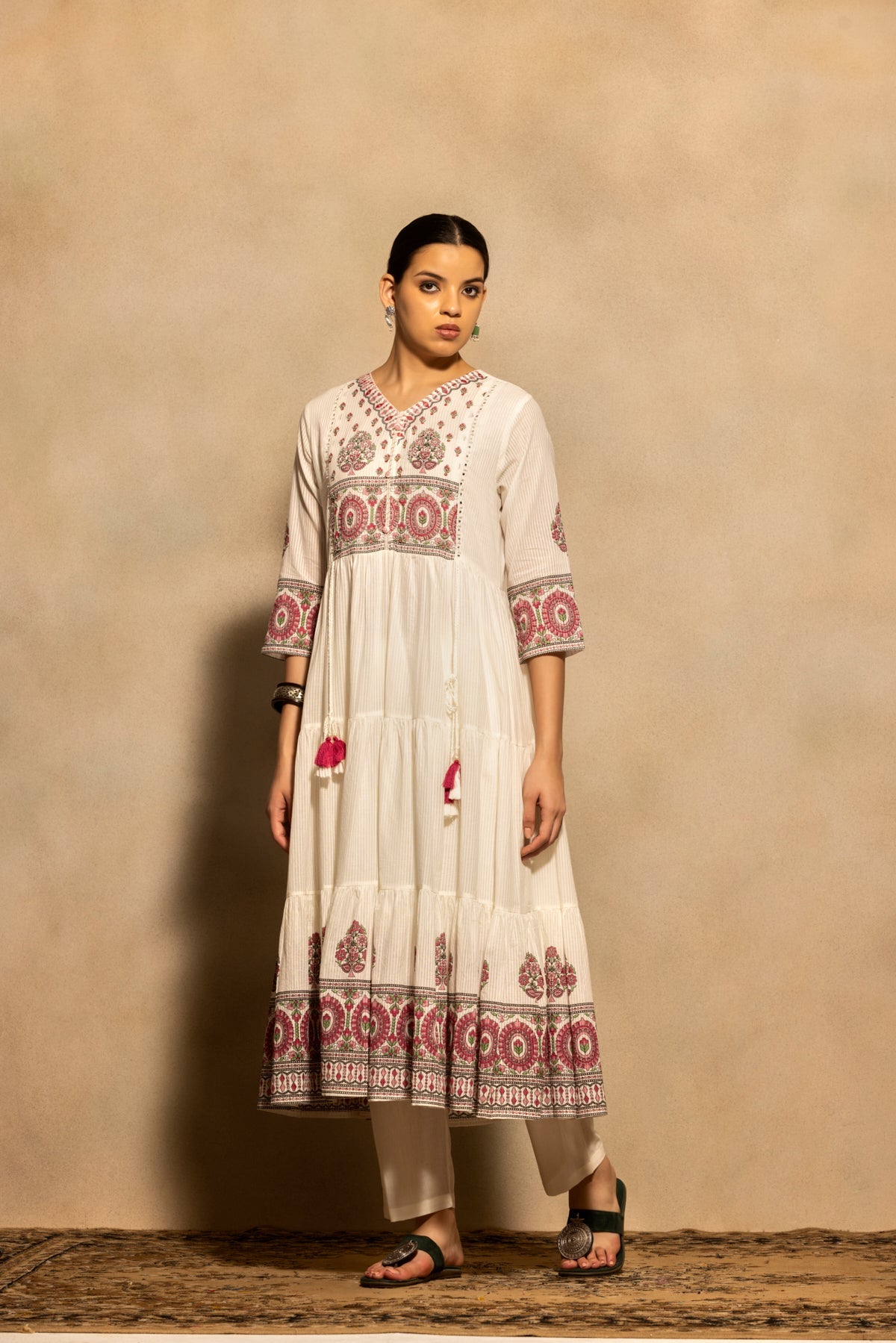Cream Printed Flared Kurta 3 Pcs Set