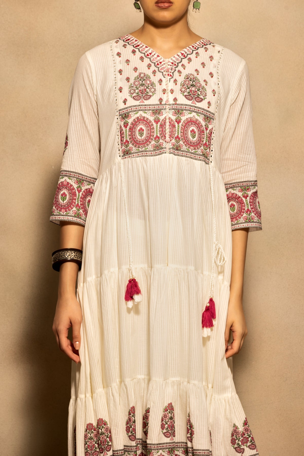 Cream Printed Flared Kurta 3 Pcs Set