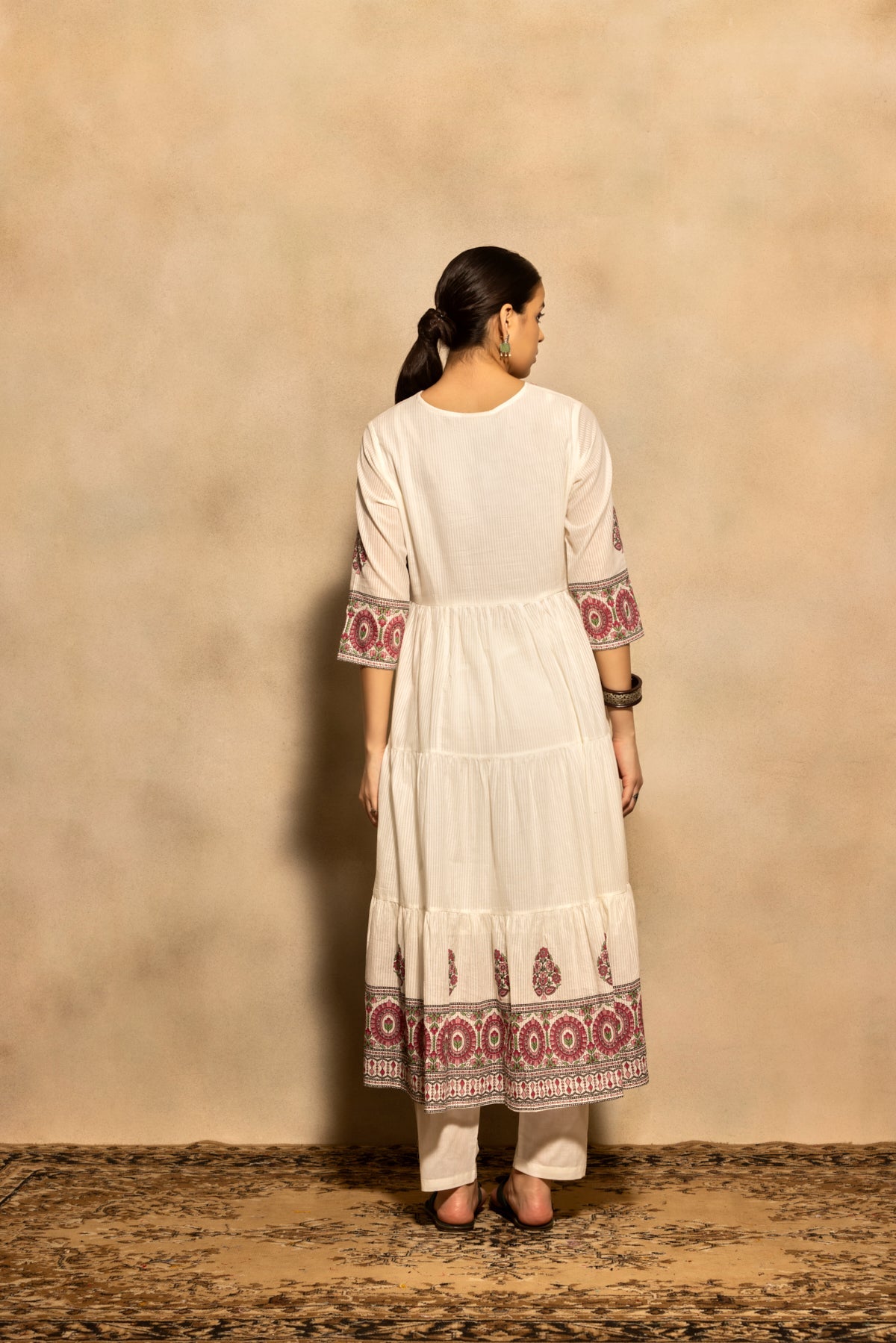 Cream Printed Flared Kurta 3 Pcs Set