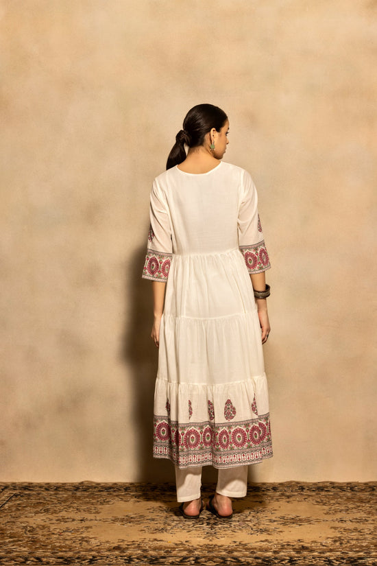 Cream Printed Flared Kurta 3 Pcs Set
