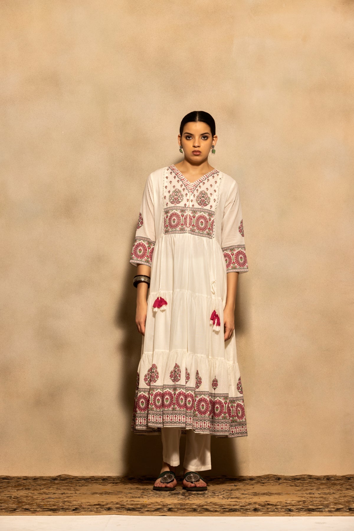 Cream Printed Flared Kurta 3 Pcs Set
