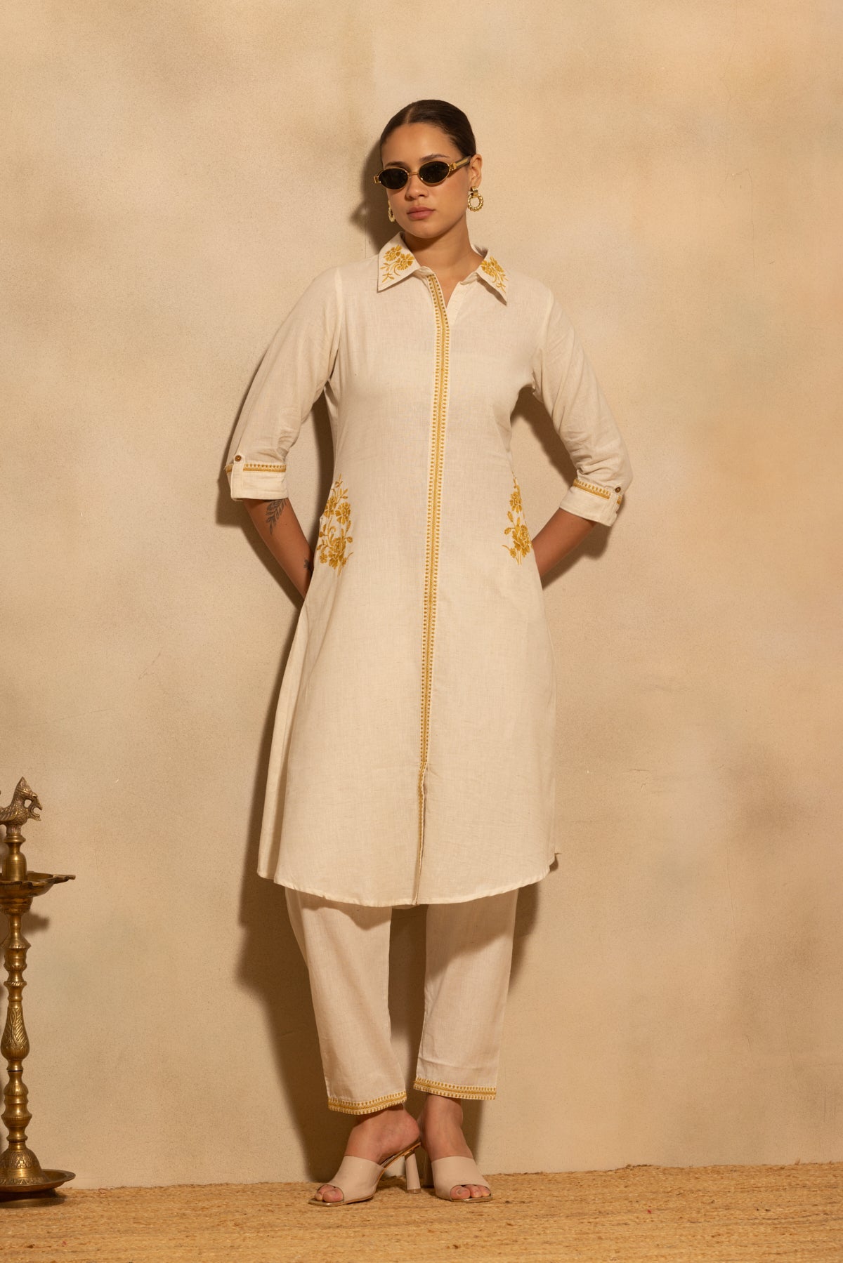 Beige A-line Embroidered Kurta Set