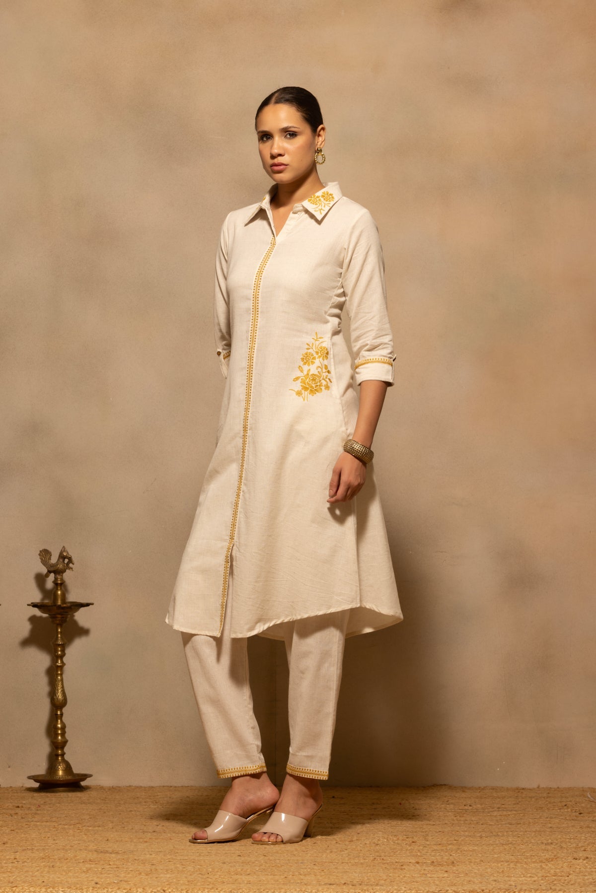 Beige A-line Embroidered Kurta Set