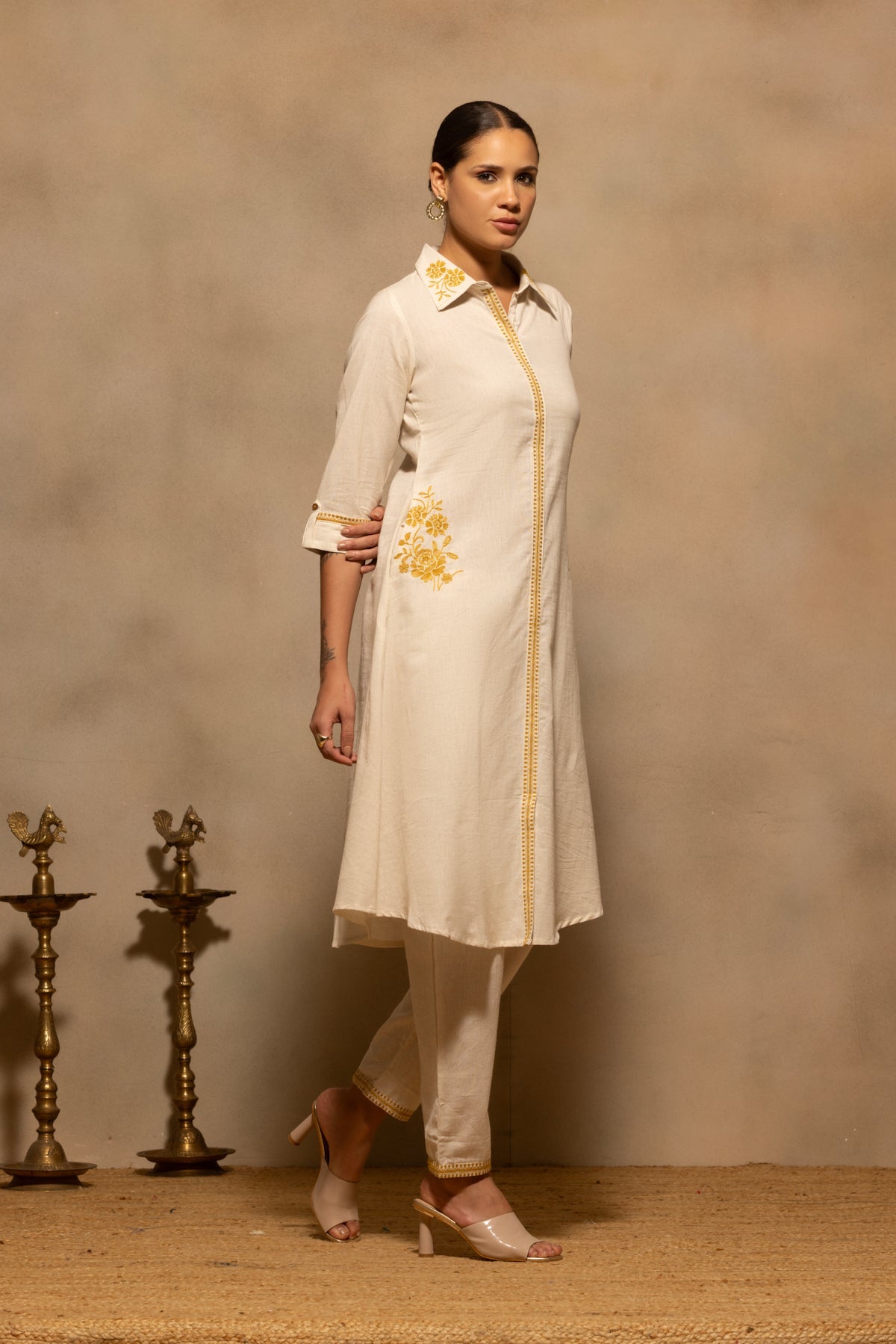 Beige A-line Embroidered Kurta Set