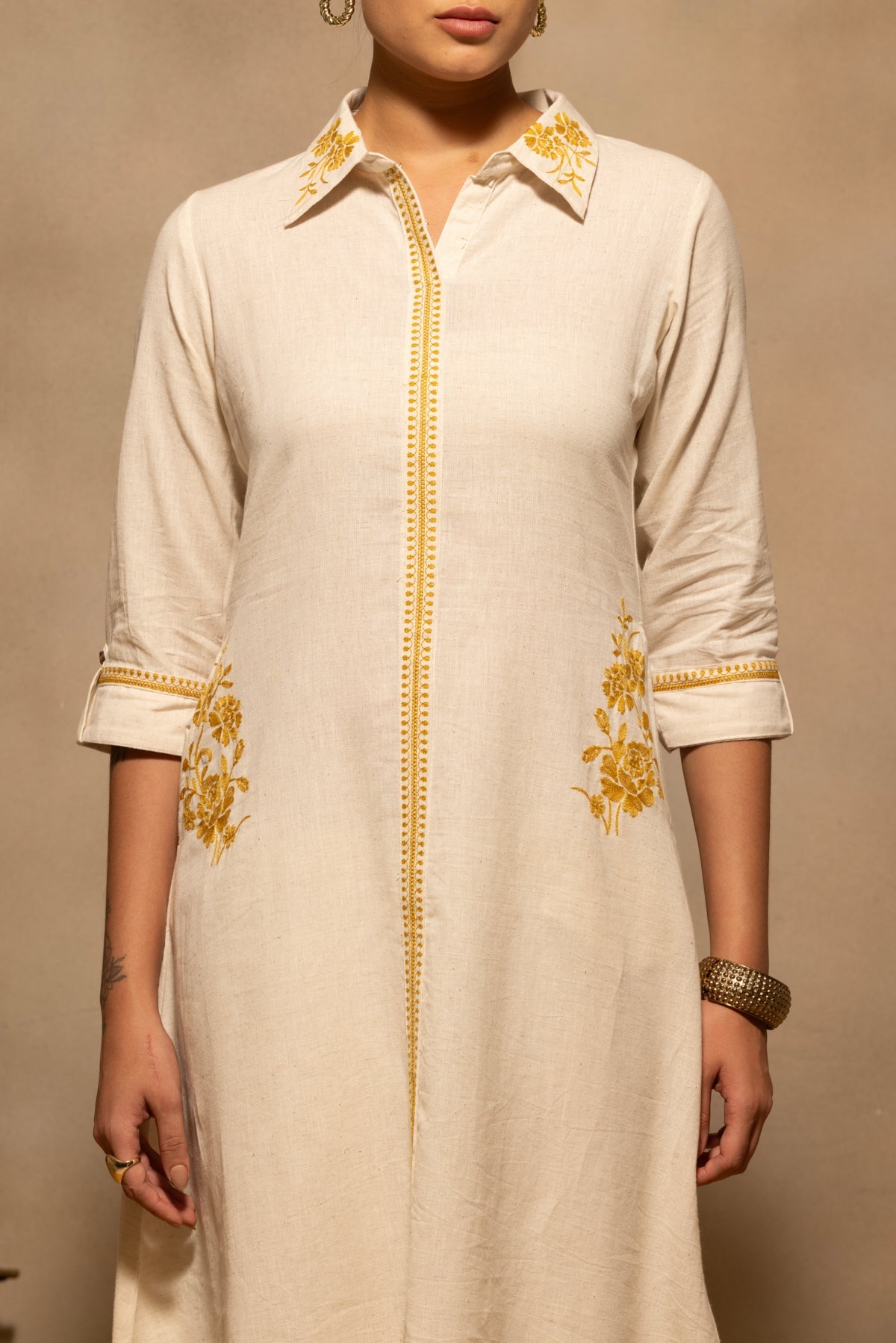 Beige A-line Embroidered Kurta Set