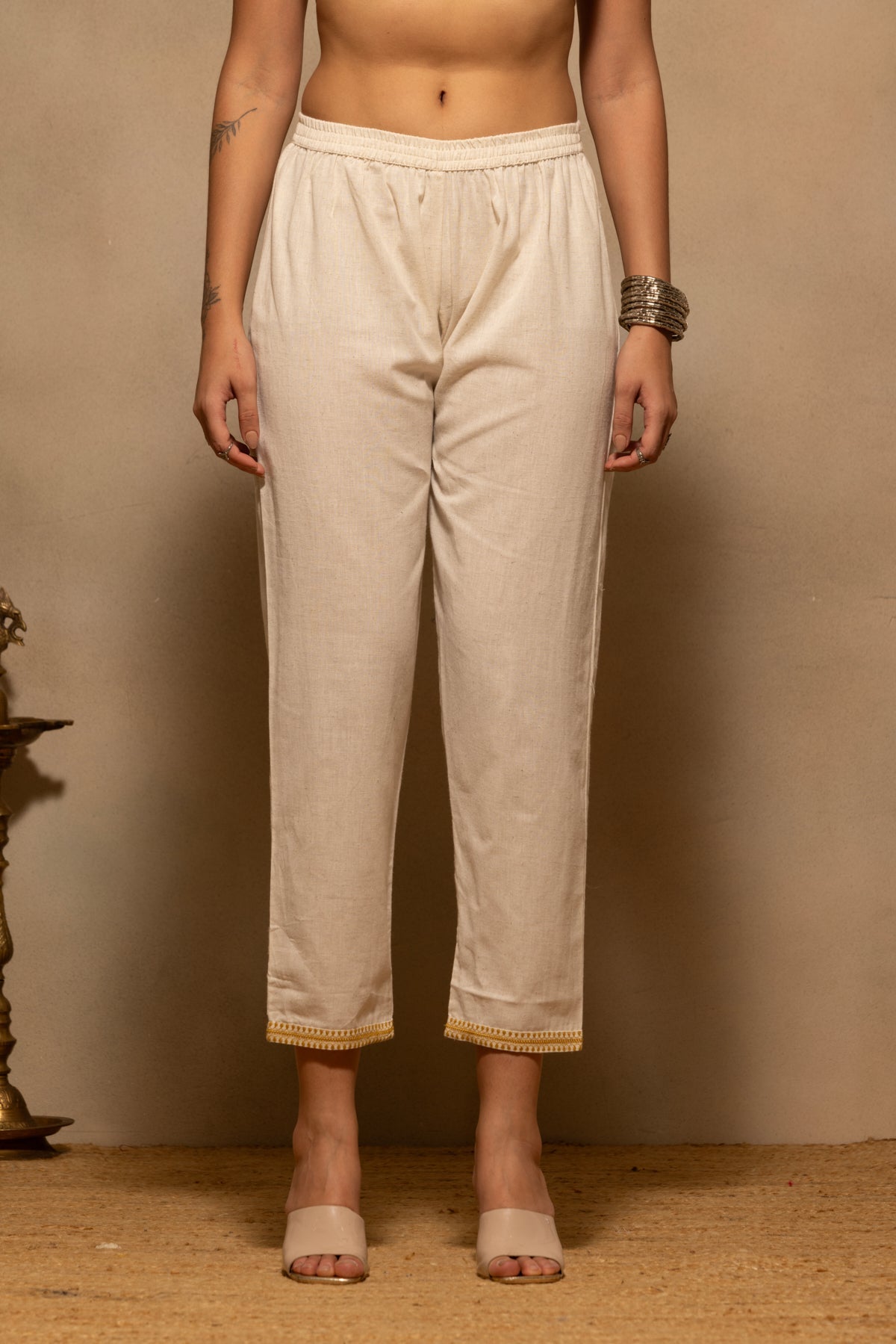 Beige A-line Embroidered Kurta Set