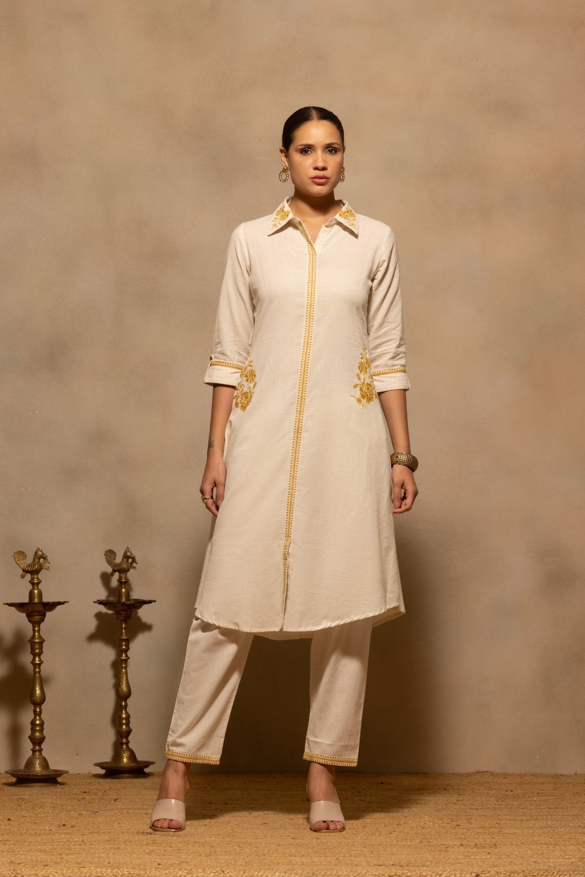 Beige A-line Embroidered Kurta Set