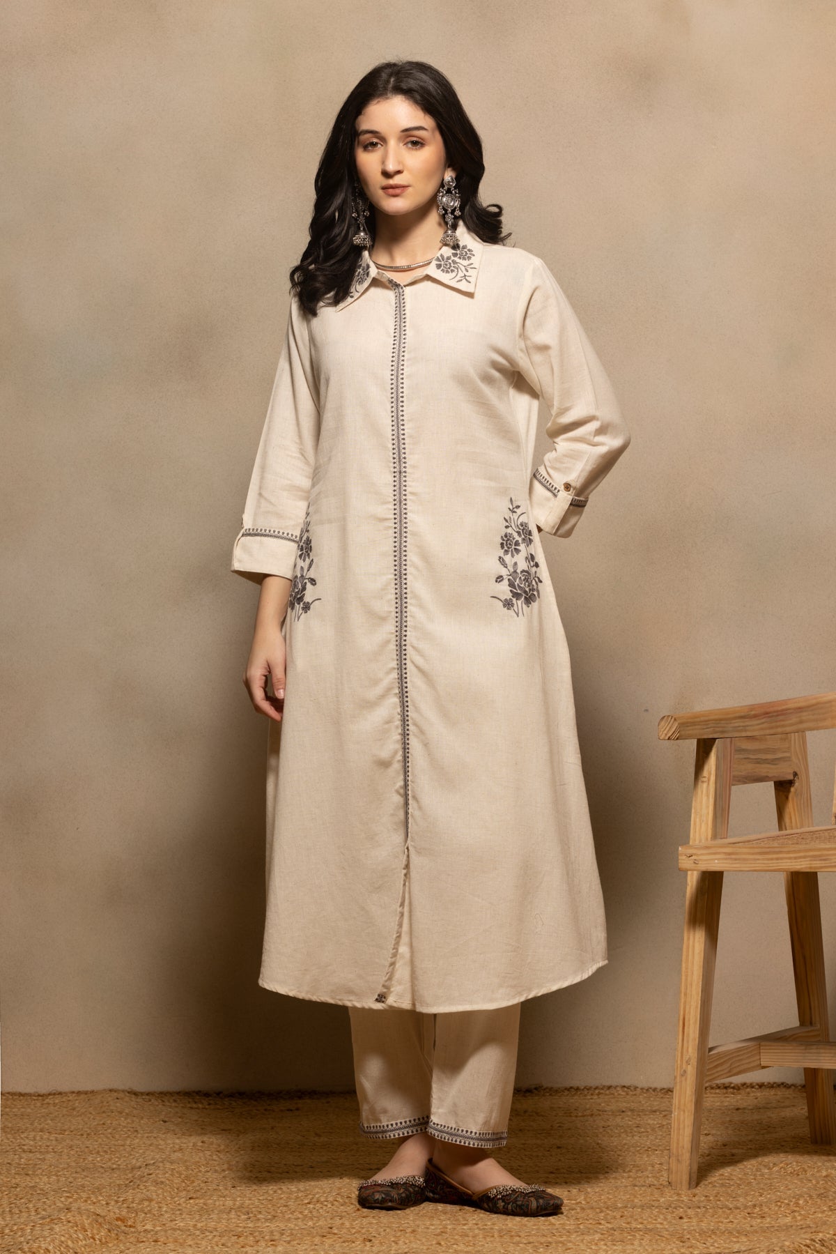 Cream Embroidered A-line Kurta 2 Pcs Set